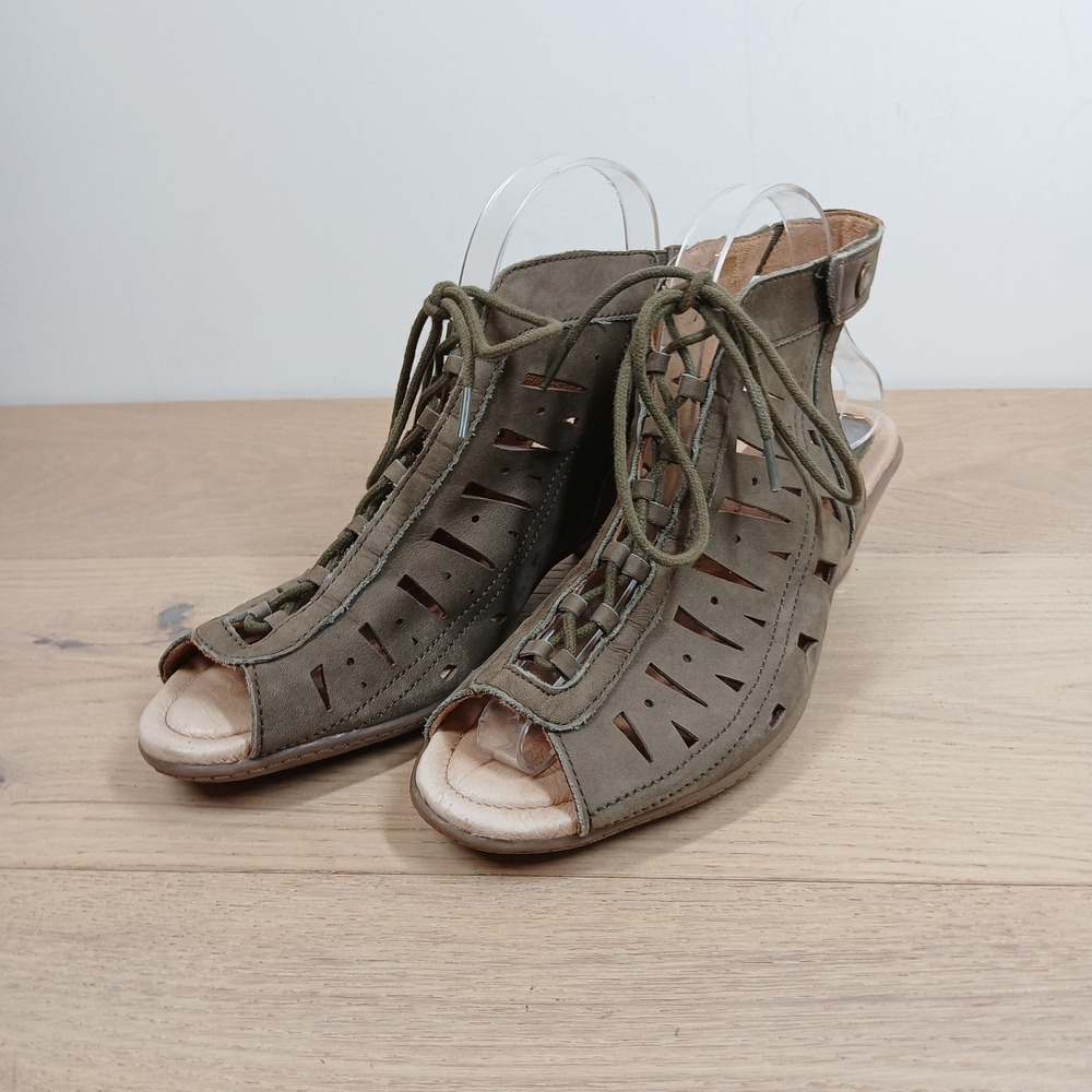 Earth Kristen Sandals Womens 9.5 Olive Leather Peep Toe Cutout Lace Up Heels